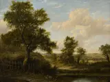 Patrick Nasmyth, A WOODED RIVER LANDSCAPE WITH DISTANT VILLAGE, oil on panel