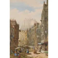 VIEW OF THE OLD TOWN EDINBURGH CASTLE IN THE DISTANCE by Louise Rayner, watercolour, sold Dec 2020