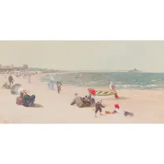 Alexander Young, BUSY BEACH SCENE WITH DISTANT PIER, oil on canvas
