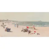 Alexander Young, BUSY BEACH SCENE WITH DISTANT PIER, oil on canvas