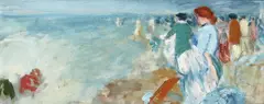 George Leslie Hunter, ELEGANT FIGURES ON THE BEACH, oil on board