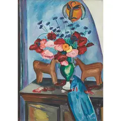 Flower Piece with Dance Mask and Horse Figurine, 1930 by Edward Wolfe, oil on canvas, sold Oct 2020