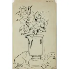 Edward Wolfe, Flowers in a Vase with Fruit, 1920, pen and ink