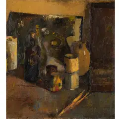 Christopher Chamberlain, Still Life with Paint Pallet, Brushes and Bottles, oil on board
