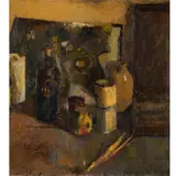 Christopher Chamberlain, Still Life with Paint Pallet, Brushes and Bottles, oil on board