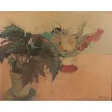 Heather Copley, Still Life with Fruit Bowl and Plant, 1964, oil on board