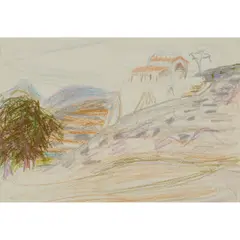 Winifred Nicholson, Monastry on an Outcrop, crayons on paper