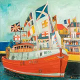 John Bellany, Harbour Scene with 'The Resplendant' Decked with Ensigns, Near the Bayview Hotel