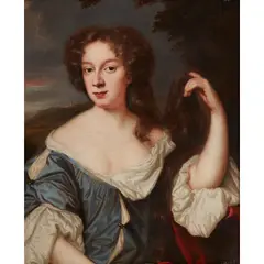 Mary Beale, HALF LENGTH PORTRAIT OF A LADY IN BLUE ROBES HOLDING HER LONG HAIR, oil on canvas