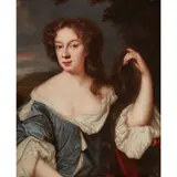Mary Beale, HALF LENGTH PORTRAIT OF A LADY IN BLUE ROBES HOLDING HER LONG HAIR, oil on canvas