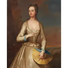 Charles Jervas, THREE QUARTER LENGTH PORTRAIT OF A LADY IN WHITE HOLDING A STRAW BONNET, oil on canvas