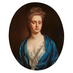 John Closterman, HALF LENGTH PORTRAIT OF A WOMAN IN BLUE AND WHITE DRESS, oil on canvas, oval