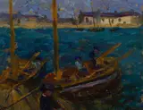 Alide Goldschmidt, FISHING BOATS IN HARBOUR, Oil on board, and three others by the same hand various sizes (4)