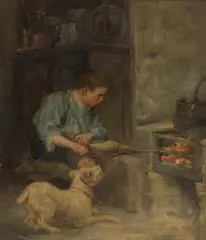 Robert Easton Stuart, TENDING THE FIRE, Oil on canvas, and another signed work by the same hand (2)