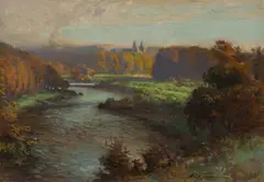 Alexander (Alec) Coutts Fraser, AUTUMN RIVER LANDSCAPE, oil on board
