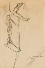 Laura Knight, TRAPEZE ARTISTS, pencil on buff paper
