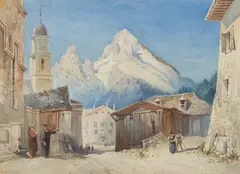 William Collingwood Smith, AN ALPINE VILLAGE WITH DISTANT MOUNTAIN, watercolour