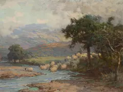 HERDING SHEEP ACROSS A STREAM by William Pratt, oil on canvas, sold Oct 2020
