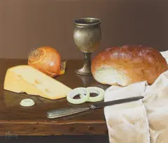 Ian Mastin, STILL LIFE WITH CHEESE, BREAD AND ONION, acyrlic on watercolour board
