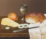 Ian Mastin, STILL LIFE WITH CHEESE, BREAD AND ONION, acyrlic on watercolour board