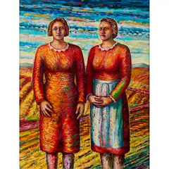 Nial Macpherson, THE SISTERS IN A FARAWAY PLACE, 1989, oil on board with collaged printed and canvas elements