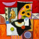 Jack Morrocco, STILL-LIFE WITH INGRES AND SUNFLOWERS, oil on board