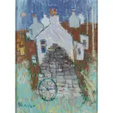 Donald Manson, PEAT STACK AND HARVEST MOON, oil on canvas-board