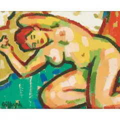 NUDE ON A GREEN CLOTH by Joan Gillespie, oil on paper, sold Aug 2020