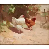Robert Russell MacNee, TWO HENS, oil on canvasboard