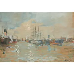 James Kay, HARBOUR SCENE, watercolour and gouache