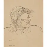 Jankel Adler, PORTRAIT - SMILING WOMAN, indian ink on buff paper