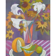 Jeanette Lassen, SUNFLOWERS AND LILIES, oil on canvas