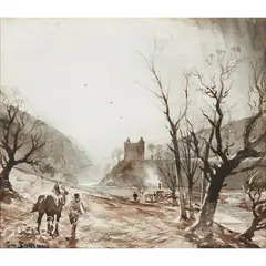 Tom Scott, NEWARK CASTLE ON THE TWEED, ink and wash