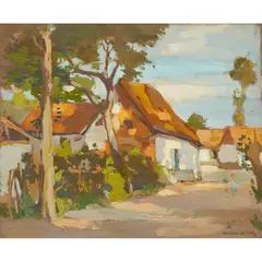 John Guthrie Spence Smith, A VILLAGE STREET WITH FIGURES, LISAUX -1913, oil on board
