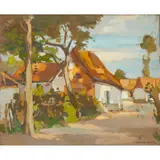 John Guthrie Spence Smith, A VILLAGE STREET WITH FIGURES, LISAUX -1913, oil on board
