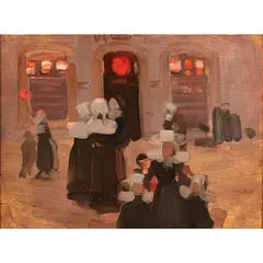 Robert Brough, BRETON WOMEN BY STREET LIGHT, oil on panel
