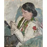 Anne Redpath, PORTRAIT OF A WOMAN KNITTING, Oil on board