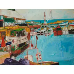 John Bellany, HARBOUR SCENE, oil on canvas