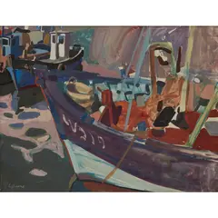 Alexander Goudie, BOATS IN HARBOUR, mixed media