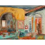 John Bellany, INTERIOR - RESTAURANT, pencil and watercolour