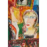 John Bellany, WOMAN WITH TWO EXOTIC BIRDS, pencil and watercolour