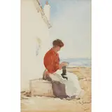 Tom Scott, A WOMAN KNITTING BESIDE THE SEASHORE, watercolour