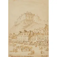 John Le Conte, EDINBURGH CASTLE FROM GRASSMARKET, pencil, pen, and ink on paper