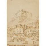 John Le Conte, EDINBURGH CASTLE FROM GRASSMARKET, pencil, pen, and ink on paper