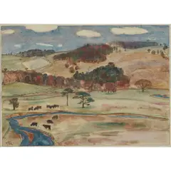 William George Gillies, LANDSCAPE WITH CATTLE GRAZING, pencil and watercolour