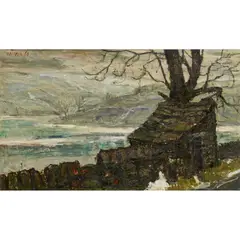 Herbert Bannister Whone, TREE NEXT TO RIVER VALLEY, oil on board