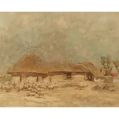 George Pirie, SHEEP BY A CROFT AND MILLPOST, oil on canvas