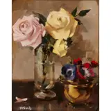 Ernest Hood, STILL LIFE WITH ROSES AND POPPIES, oil on canvasboard