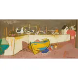 Leon Morrocco, HARBOUR WITH WALL AND YELLOW BOAT