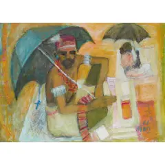 MEDICINE MAN OF ANJUNA by Marj Bond, oil on board, sold Jan 2020